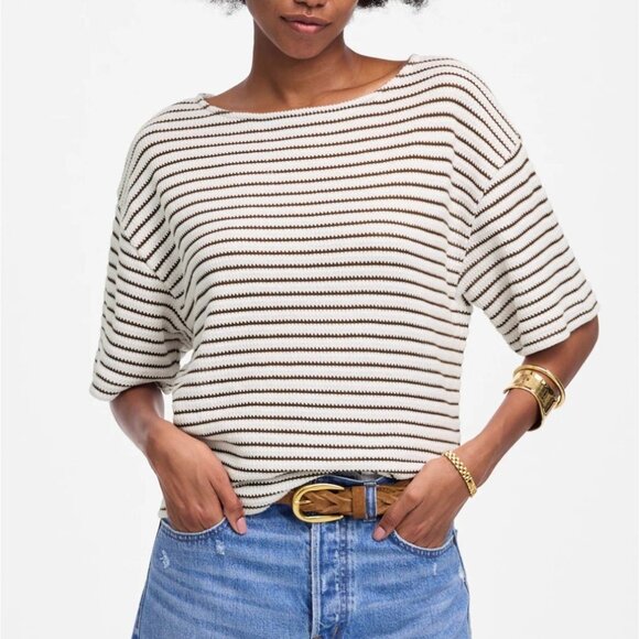 Madewell Tops - NWT Madewell Women's Sz XS Embroidered Boxy Knit Tee in Stripe Cream Brown NV988